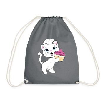 Cute white cat carries a cupcake - Drawstring Bag - grey - Front