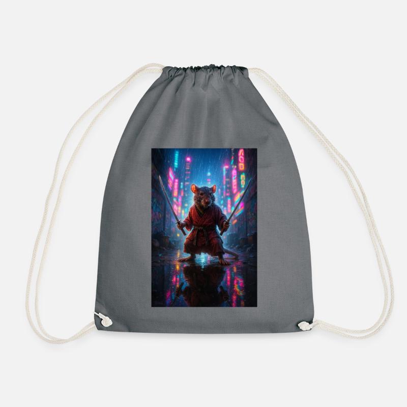 Ratten-Ninja mit Katanas in einer Neon-Stadtlandschaft - Turnbeutel - Grau