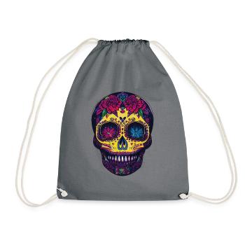 Sugar Skull Mask, Day of the Dead with Flowers - Drawstring Bag - grey - Front