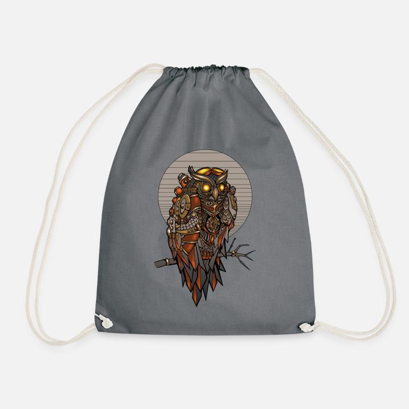 Steampunk owl in colored mechanical geometric - Drawstring Bag - grey