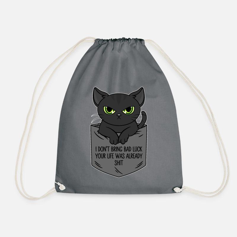 Black Cat Breast Pocket I Bring No Bad Luck - Drawstring Bag - grey
