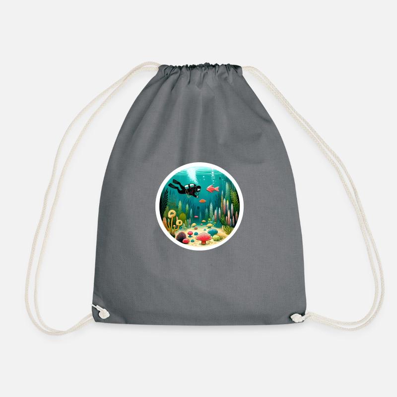 Round Sticker Design with Diver, Sea Plants - Drawstring Bag - grey