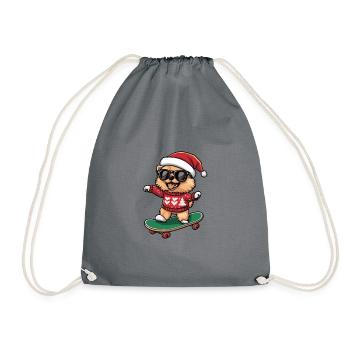Pomeranian Dog Christmas Skateboard Pomeranian - Drawstring Bag - grey - Front