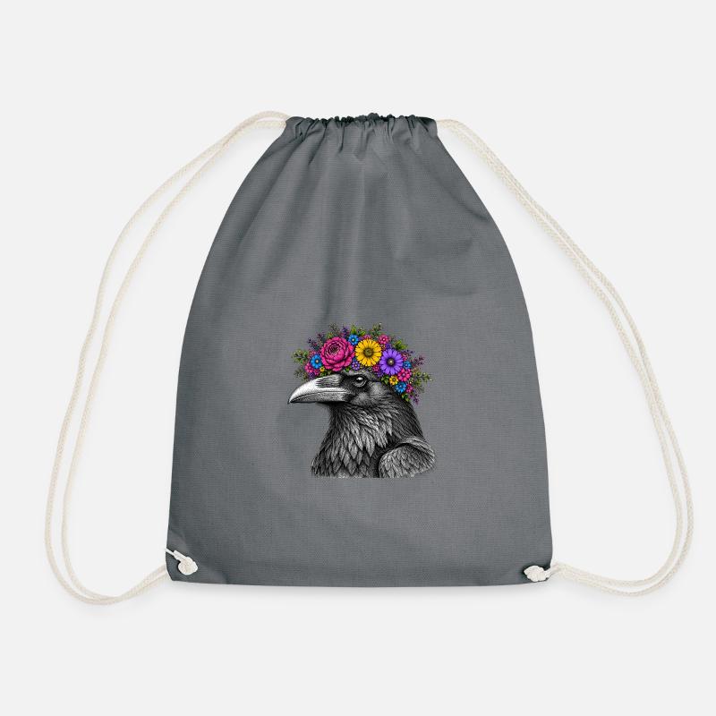 Crow's Head with Flower Crown - Drawstring Bag - grey