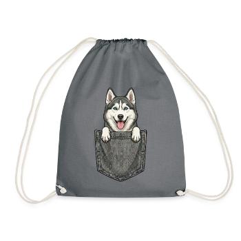 Siberian Husky in the Pocket - Cute Wolf Dog - Drawstring Bag - grey - Front