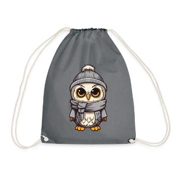 Owl Winter Cozy Comic Beanie - Drawstring Bag - grey - Front