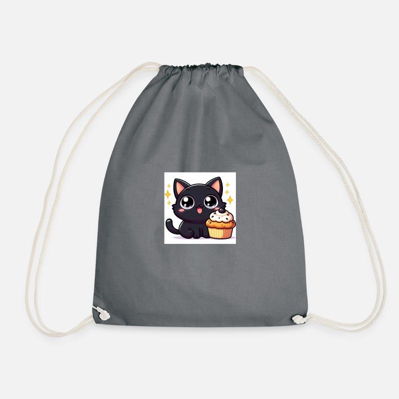 Sweet Kitty Black with Big Eyes and Cupcake - Drawstring Bag - grey