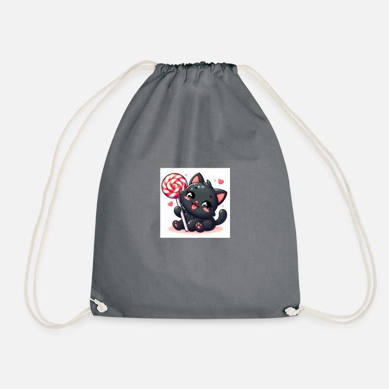 Sweet Kitty Black Cheerful with Lollipop and Hearts - Drawstring Bag - grey