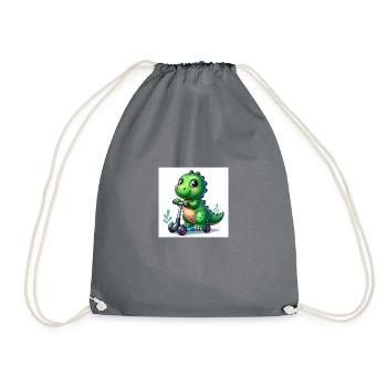 Green dinosaur on a scooter - Drawstring Bag - grey - Front