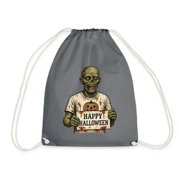 Gruseliger Zombie mit Happy Halloween Schild - Turnbeutel - Grau - Vorne