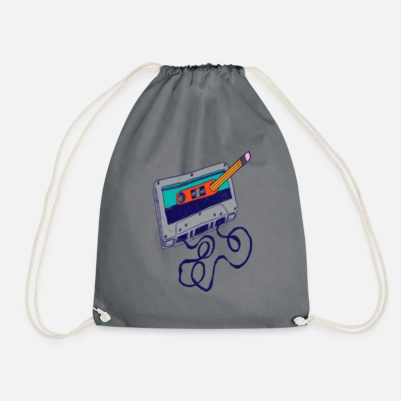 Cassette and pencil funny design - Drawstring Bag - grey