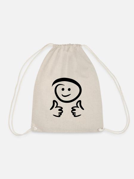 Face smiles, shows two thumbs up. Emoticon. - Drawstring Bag - nature