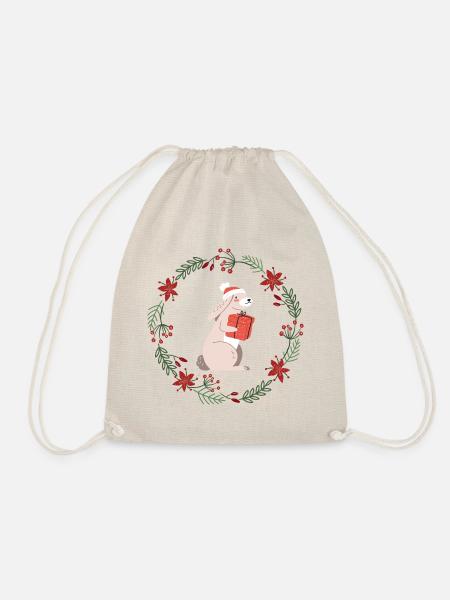 Weihnachten: Kaninchen mit Weihnachtsgeschenk - Turnbeutel - Natur