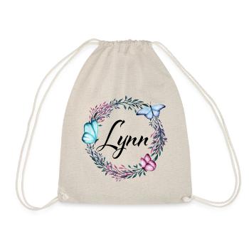 Lynn, Name, Schriftzug, Blumenkranz, Geschenk - Turnbeutel - Natur - Vorne