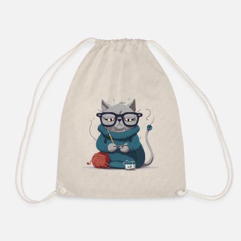 Strickende Katze - Turnbeutel - Natur