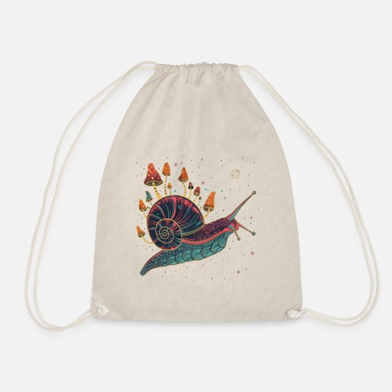 Colorful surreal snail with mushrooms - Drawstring Bag - nature