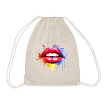 Colorful Lips Kissing Mouth Woman Face Gift Idea - Drawstring Bag - nature - Front