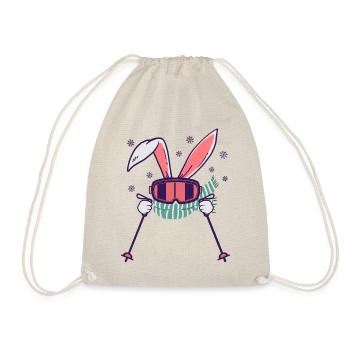 Skiing Rabbit with ski poles ski goggles scarf - Drawstring Bag - nature - Front
