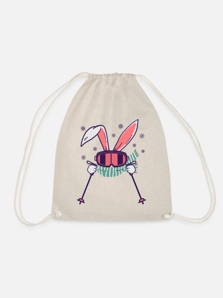 Skiing Rabbit with ski poles ski goggles scarf - Drawstring Bag - nature