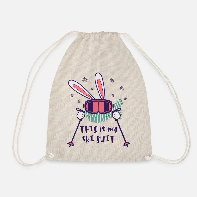 This is my Ski Suit Skiing Rabbit with ski poles - Drawstring Bag - nature