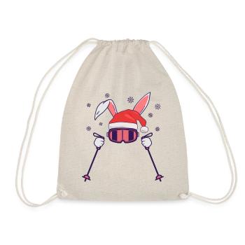 Skiing Santa Rabbit with Santa Hat and ski poles - Drawstring Bag - nature - Front