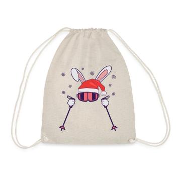 Skiing Santa Rabbit with Santa Hat and ski poles - Drawstring Bag - nature - Front