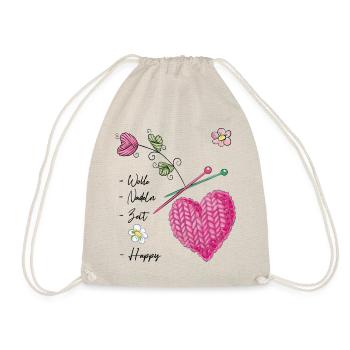Knitted heart with flowers and knitting needles - Drawstring Bag - nature - Front