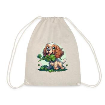 Cute dog eats green broccoli green vegetables - Drawstring Bag - nature - Front