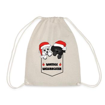 weihnachtliches Pudelmotiv - Taschenhocker Pudel - Turnbeutel - Natur - Vorne