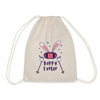 Happy Easter from Skiing Rabbit with ski poles - Drawstring Bag - nature - Front