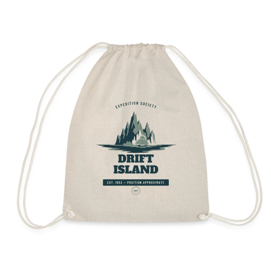Drift Island badge on a drawstring bag, nature, front