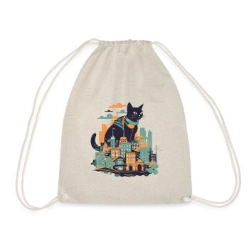 Chat noir assis devant une ville colorée - Sac de sport léger - nature - Devant