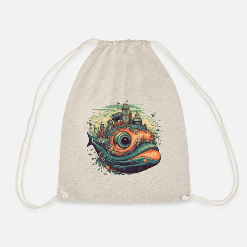 Surrealist whale with city on its back - Drawstring Bag - nature