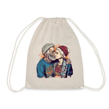 Cool couple kissing with cap and beard - Drawstring Bag - nature - Front