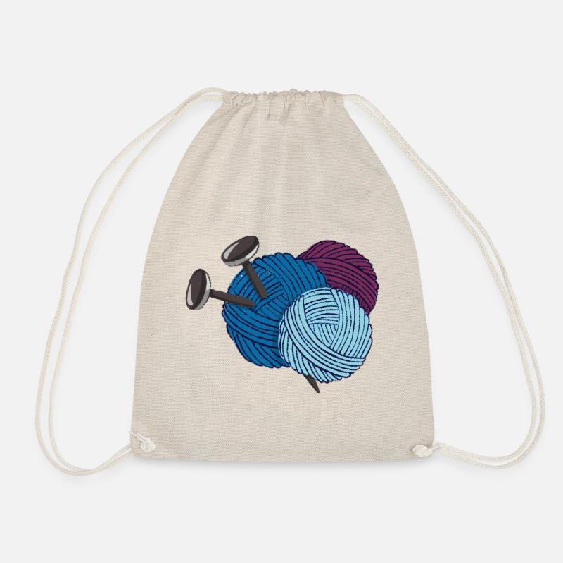 Wolle mit Stricknadeln - Turnbeutel - Natur