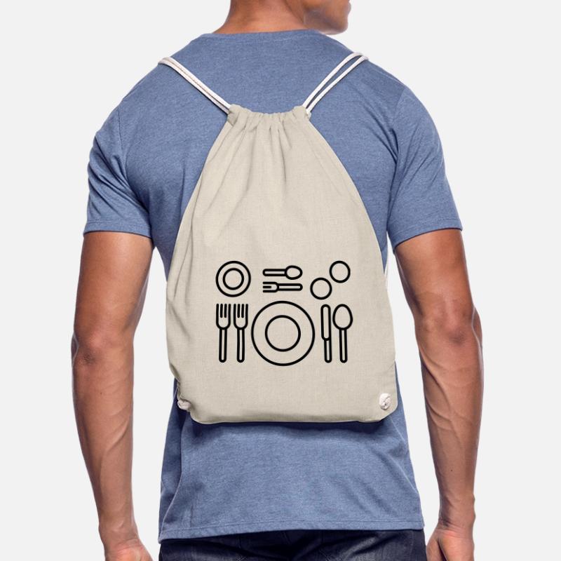 Place setting for a multi-course meal. Restaurant Icon Drawstring Bag