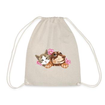 Cute cat and dreaming dachshund with pink flowers - Drawstring Bag - nature - Front