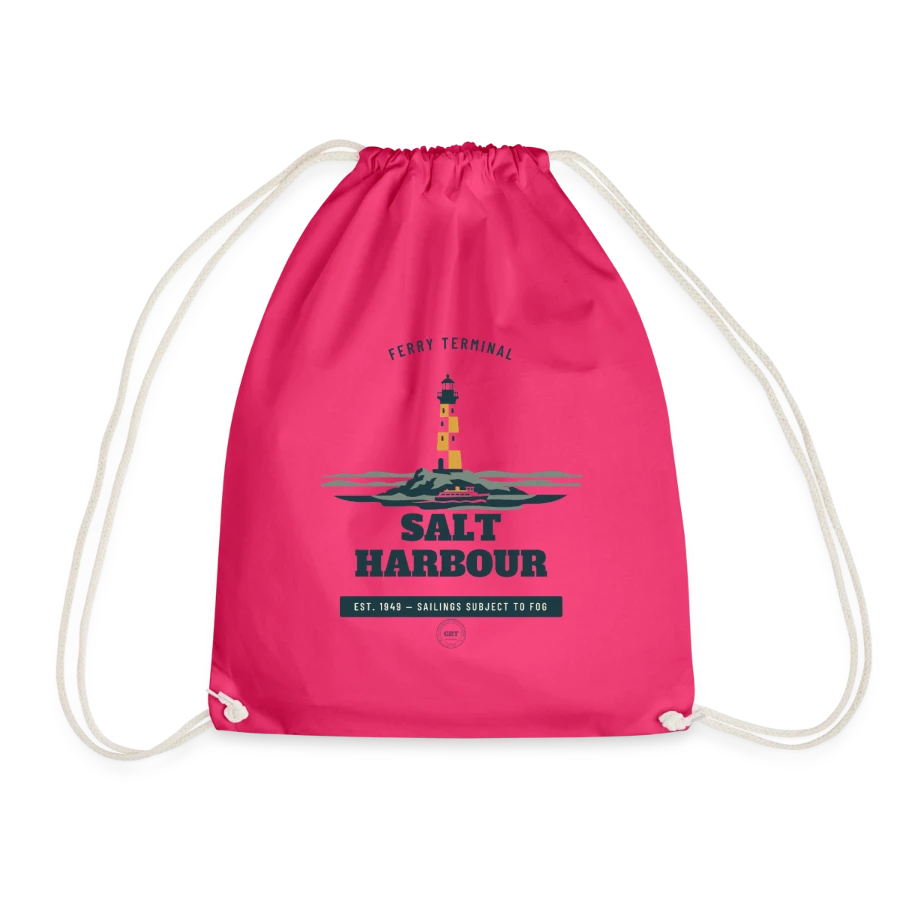 Salt Harbour badge on a drawstring bag, fuchsia, front