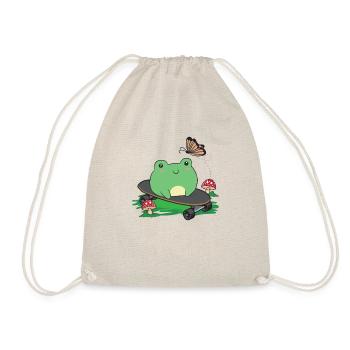 Cottagecore Aesthetic Kawaii Skateboarding Frog - Drawstring Bag - nature - Front