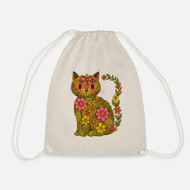 Retro 70er Jahre Blumen Kätzchen Katze Garten Boho Kunst - Turnbeutel - Natur