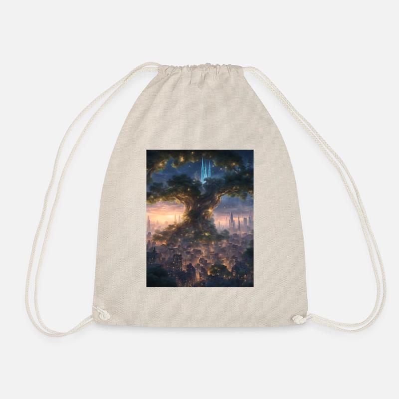 Beautiful elf tree with a small village - Drawstring Bag - nature