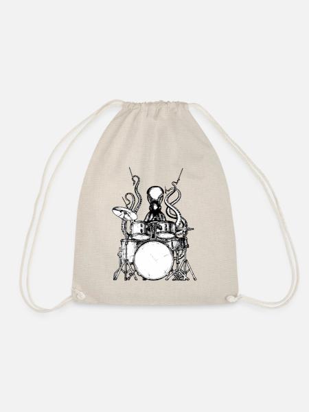 Krake Drummer Black and white for spread.png - Turnbeutel - Natur