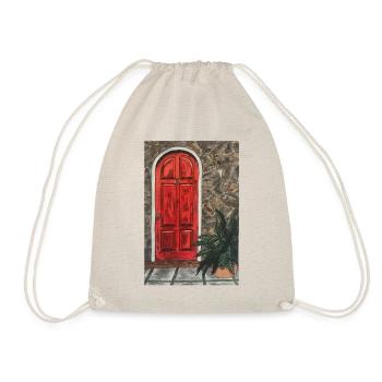 red door in natural stone wall with plant in front of it - Drawstring Bag - nature - Front