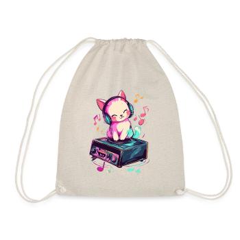 Cute cat with headphones listening to music - Drawstring Bag - nature - Front