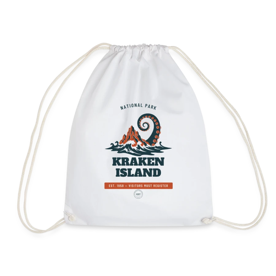 Kraken Island badge on a drawstring bag, white, front