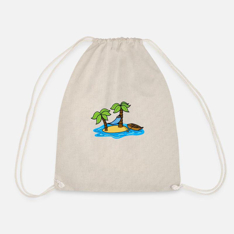 island with palm trees a hammock and a boat - Drawstring Bag - nature