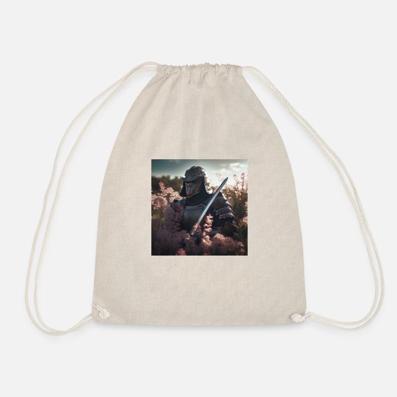 Samurai in Flower Field -Warrior in Armor - Drawstring Bag - nature