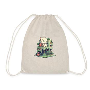 Small cute cat character sitting on a small buildi - Drawstring Bag - nature - Front