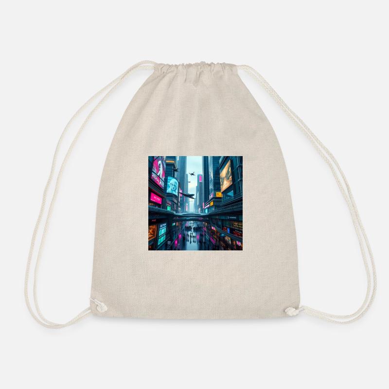 Futuristic Neon Cityscape: A Vibrant Vision - Drawstring Bag - nature