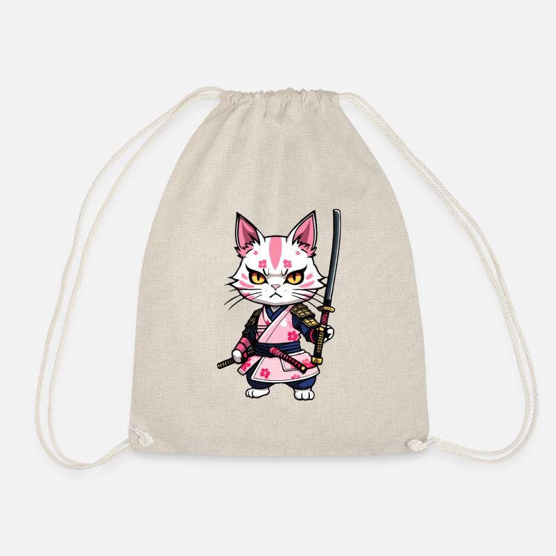 Samurai Cat & Cherry Blossoms #8 - Drawstring Bag - nature